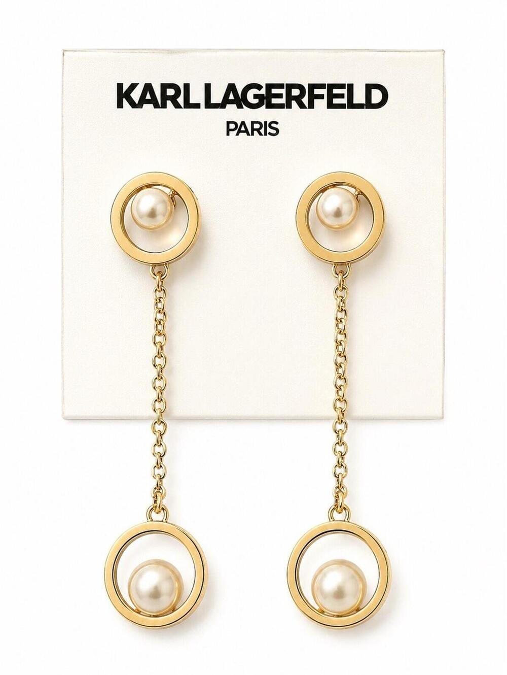 Karl Lagerfeld Paris Gold Pearl Circle Chain Drop Earrings NWT